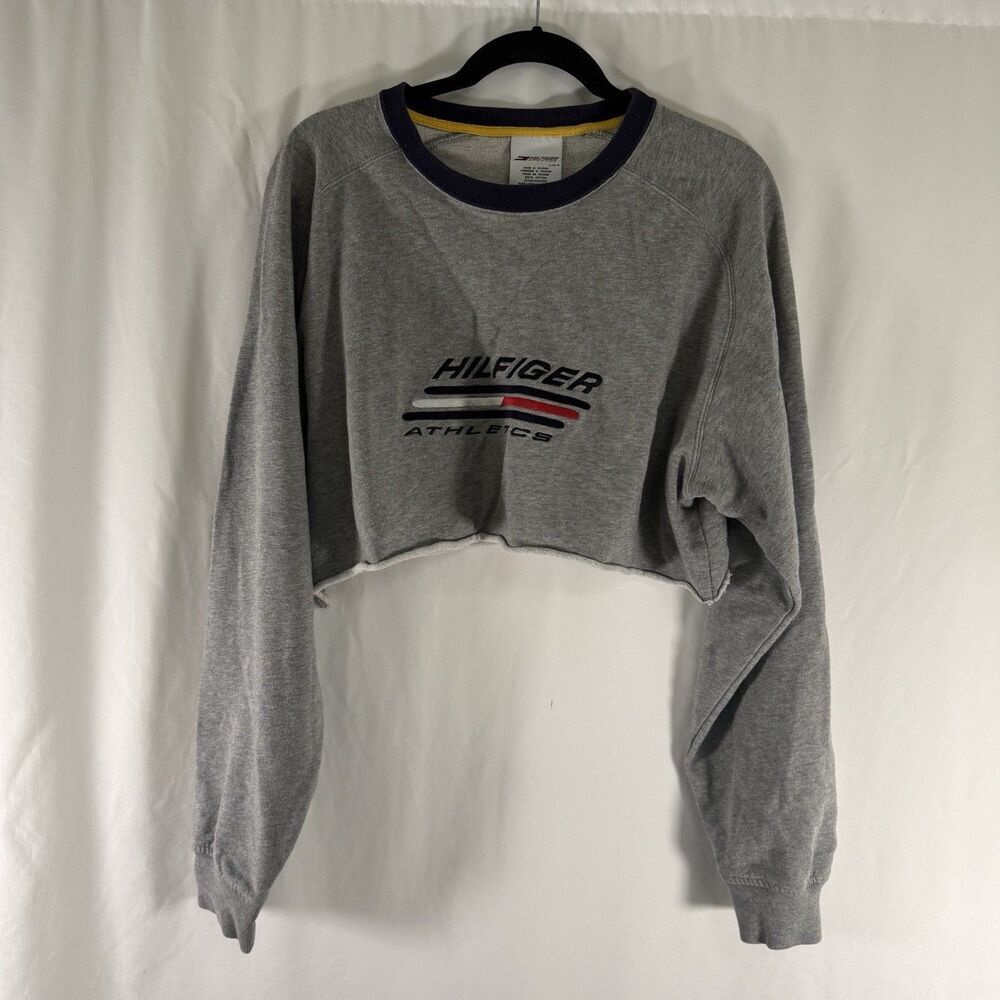 Vintage Hilfiger Athletics Crop Top Women's Large Grey Long Sleeve Embroidered